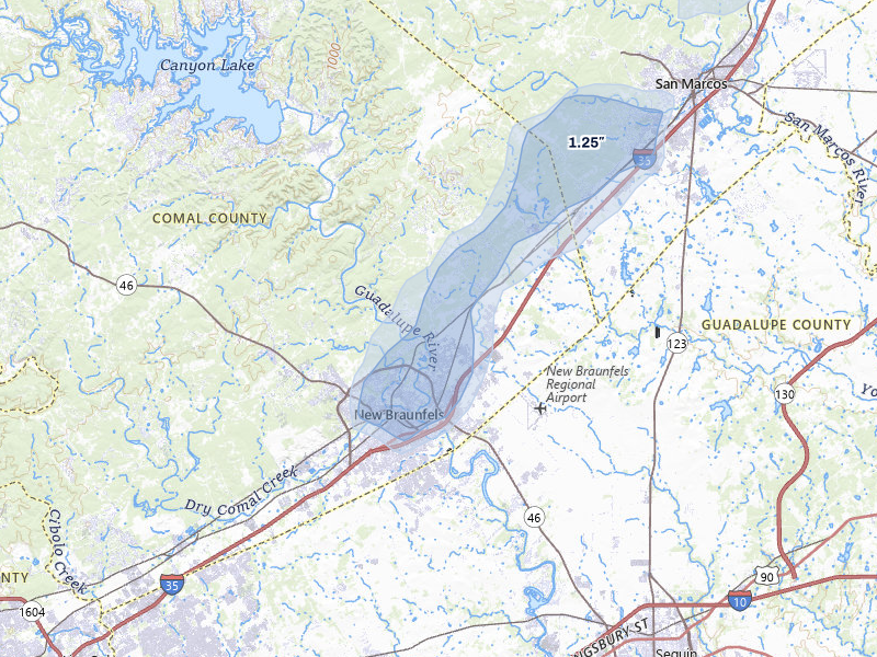 NEXRAD radar-signature map of the hail over New Braunfels, TX