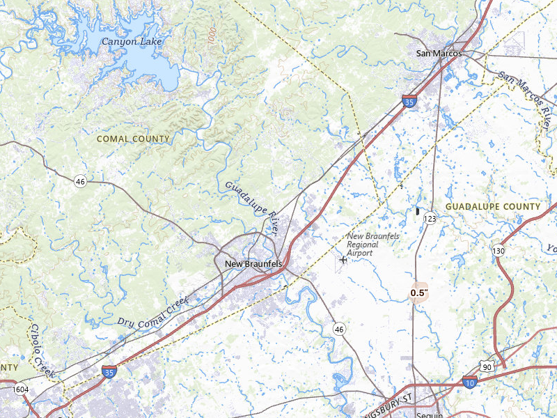Radar-estimated hail-size map of the storm over New Braunfels, TX on Jul 13, 2026