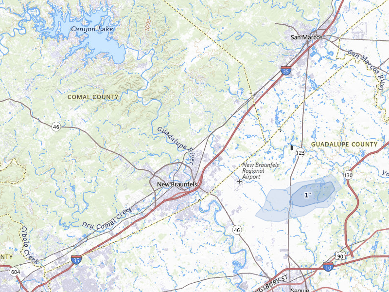 NEXRAD radar-signature map of the hail over New Braunfels, TX