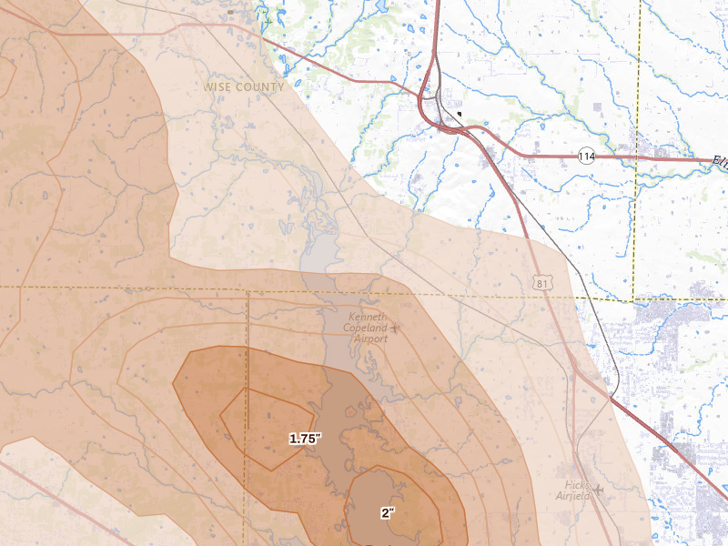 Radar-estimated hail-size map of the storm over Newark, TX on Apr 25, 2026