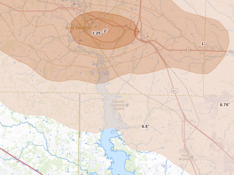Radar-estimated hail-size map of the storm over Newark, TX on Apr 28, 2026
