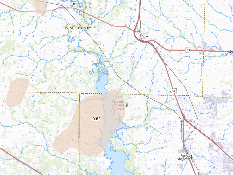 Radar-estimated hail-size map of the storm over Newark, TX on May 19, 2026