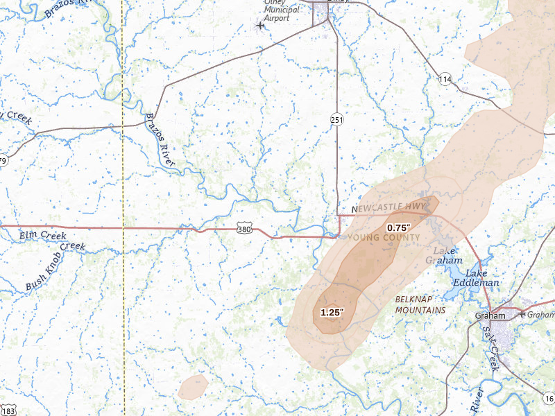 Radar-estimated hail-size map of the storm over Newcastle, TX on Apr 3, 2026