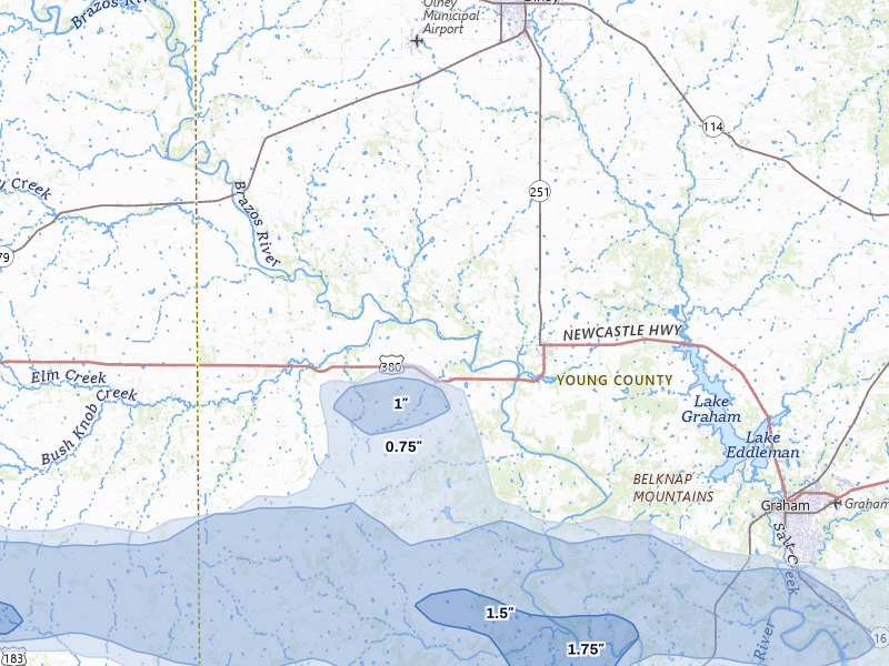 NEXRAD radar-signature map of the hail storm over Newcastle, TX on May 10, 2026