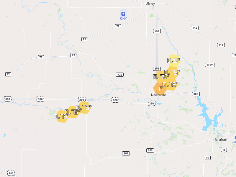 Hail map of Newcastle, TX on Jun 6, 2026, hail up to 1"