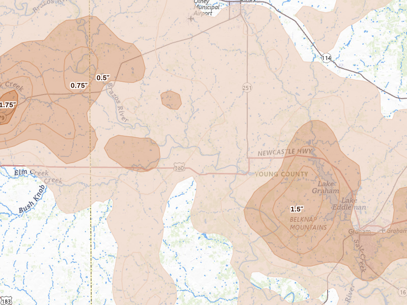 Radar-estimated hail-size map of the storm over Newcastle, TX on Jun 18, 2026