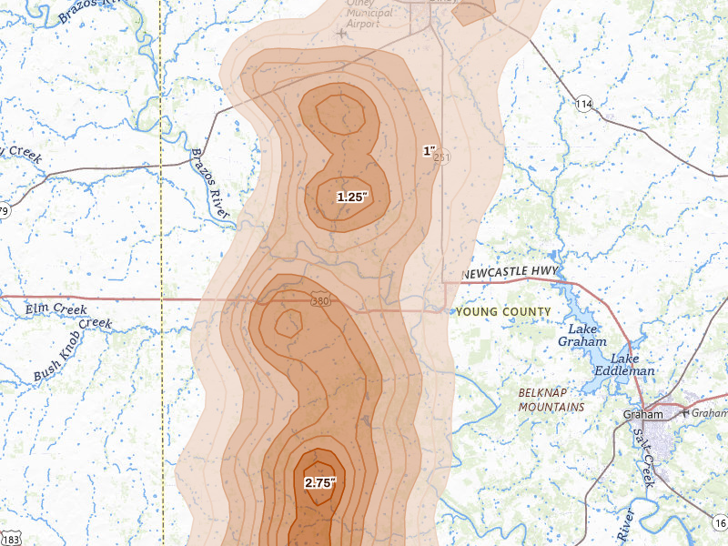 Radar-estimated hail-size map of the storm over Newcastle, TX on Jul 5, 2026