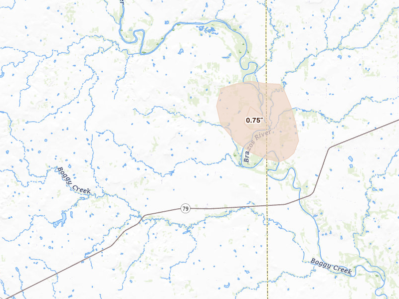 Radar-estimated hail-size map of the storm over Newcastle, TX on Aug 26, 2026