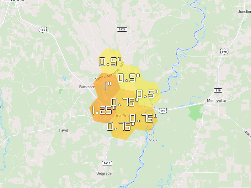 Hail map of Newton, TX on Jul 7, 2026, hail up to 1.25"