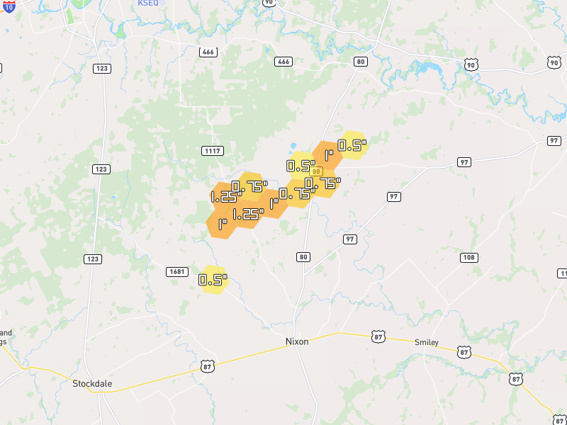 Hail map of Nixon, TX on Jun 3, 2026, hail up to 1.25"