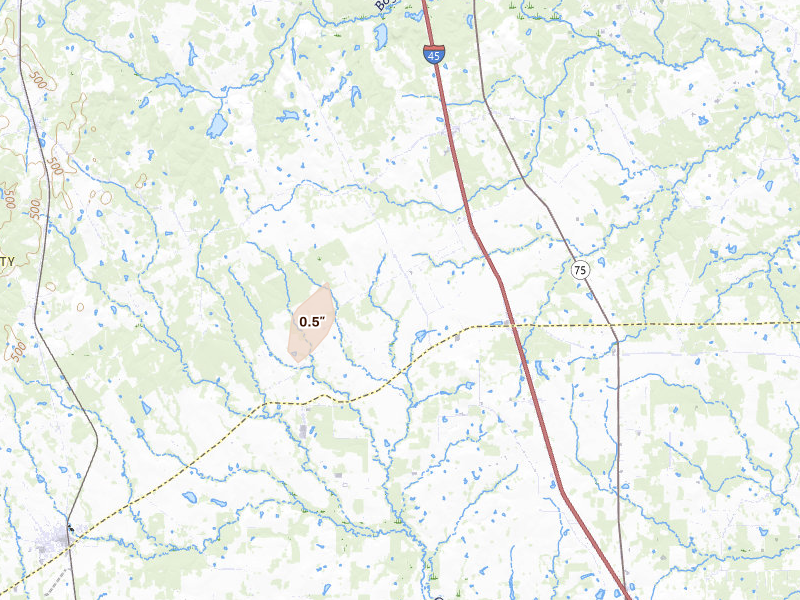 Radar-estimated hail-size map of the storm over Normangee, TX on Jan 9, 2026
