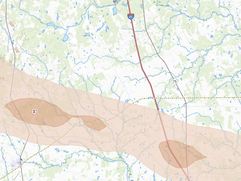 Radar-estimated hail-size map of the storm over Normangee, TX on Apr 29, 2026