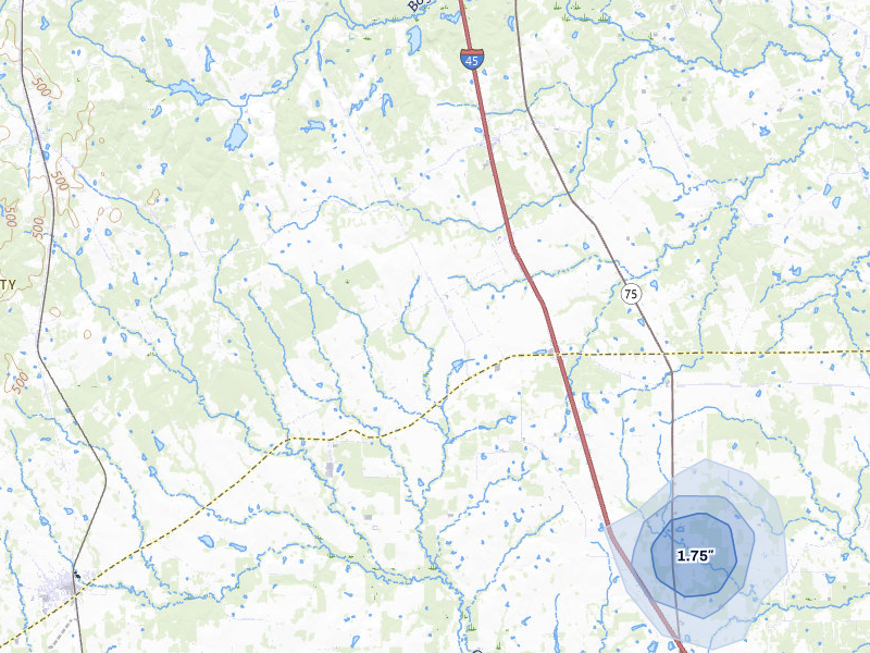 NEXRAD radar-signature map of the hail storm over Normangee, TX on Apr 29, 2026