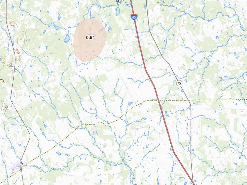 Radar-estimated hail-size map of the storm over Normangee, TX on May 22, 2026