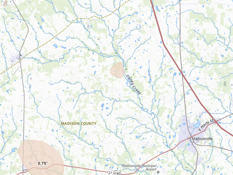Radar-estimated hail-size map of the storm over Normangee, TX on Aug 8, 2026