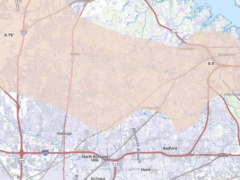 Radar-estimated hail-size map of the storm over North Richland Hills, TX on Apr 28, 2026