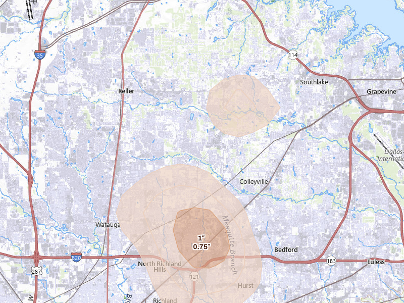 Radar-estimated hail-size map of the storm over North Richland Hills, TX on May 25, 2026