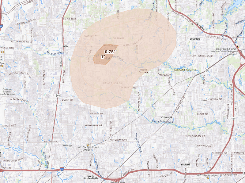 Radar-estimated hail-size map of the storm over North Richland Hills, TX