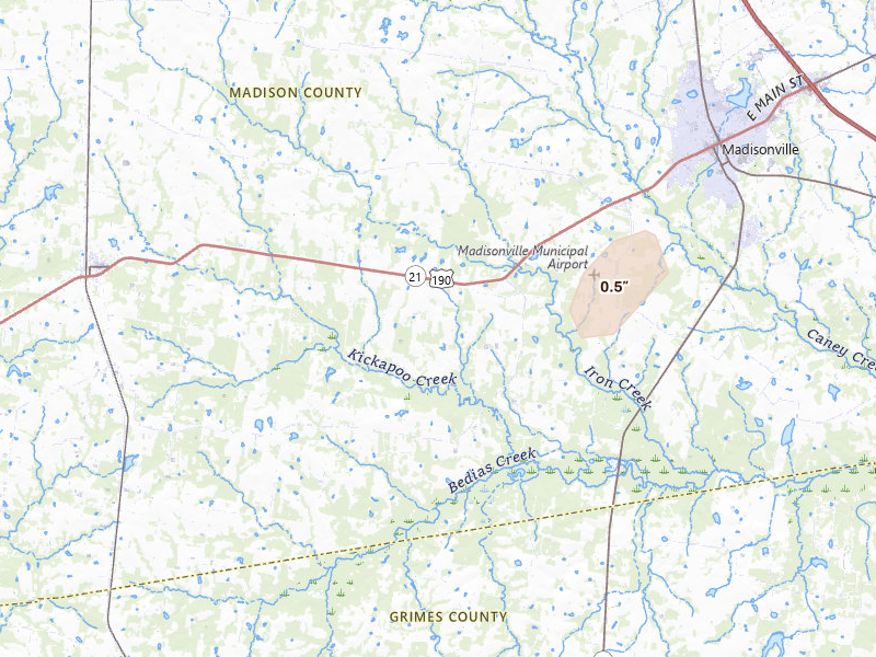 Radar-estimated hail-size map of the storm over North Zulch, TX on Apr 12, 2026