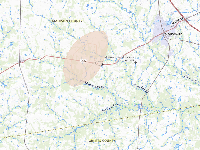 Radar-estimated hail-size map of the storm over North Zulch, TX on May 10, 2026