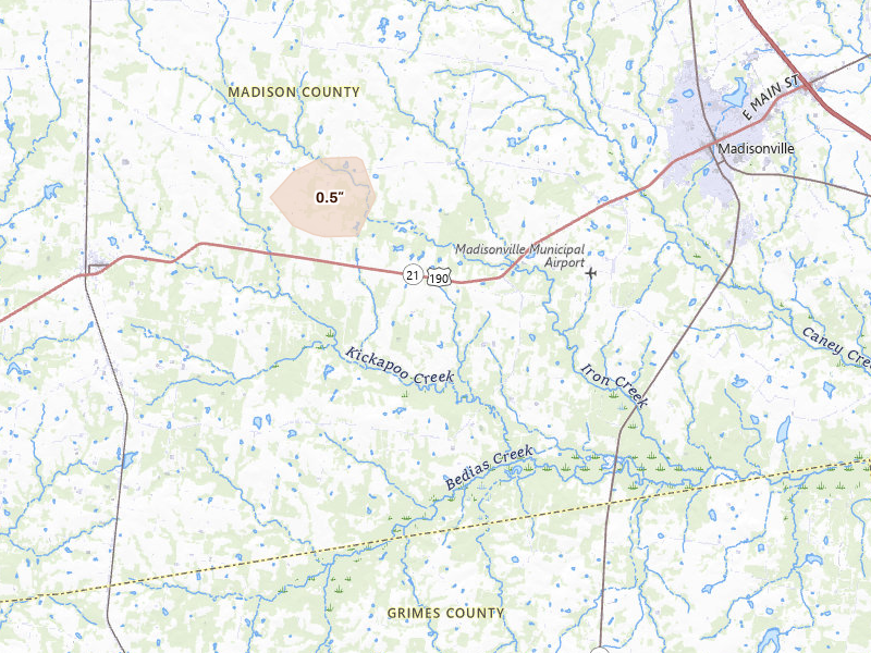 Radar-estimated hail-size map of the storm over North Zulch, TX on Jun 2, 2026