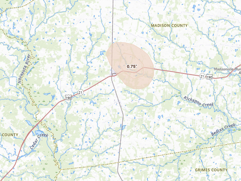 Radar-estimated hail-size map of the storm over North Zulch, TX on Aug 8, 2026