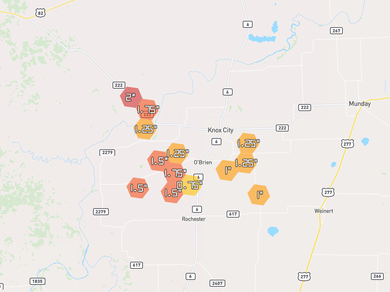 Hail map of O Brien, TX on Jul 5, 2026, hail up to 2"