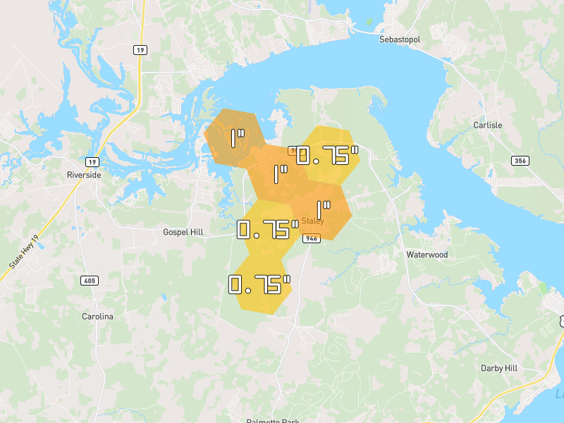 Hail map of Oakhurst, TX on Jul 7, 2026, hail up to 1"