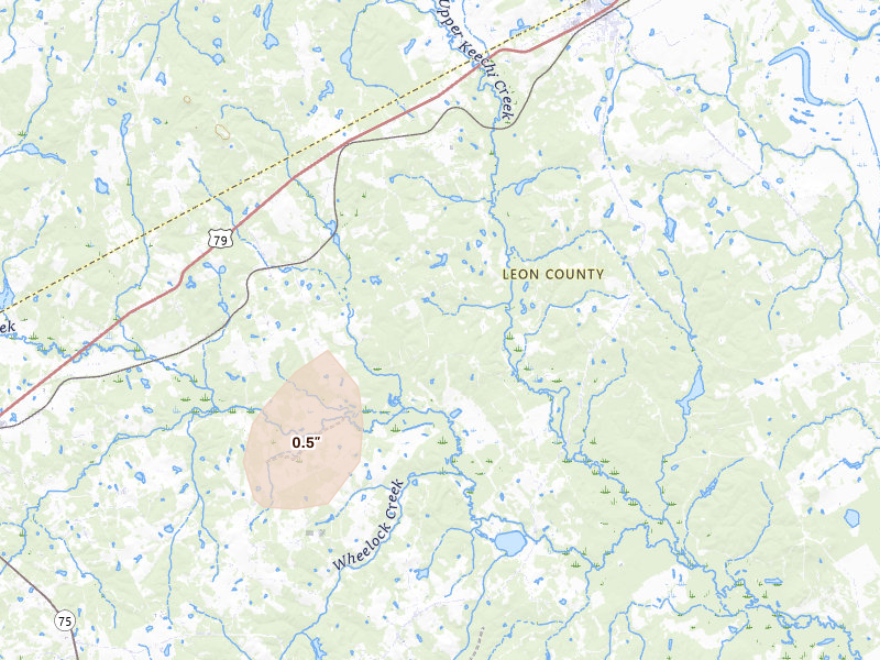 Radar-estimated hail-size map of the storm over Oakwood, TX on Jun 19, 2026
