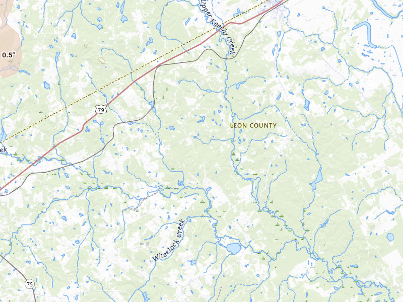 Radar-estimated hail-size map of the storm over Oakwood, TX on Jul 16, 2026