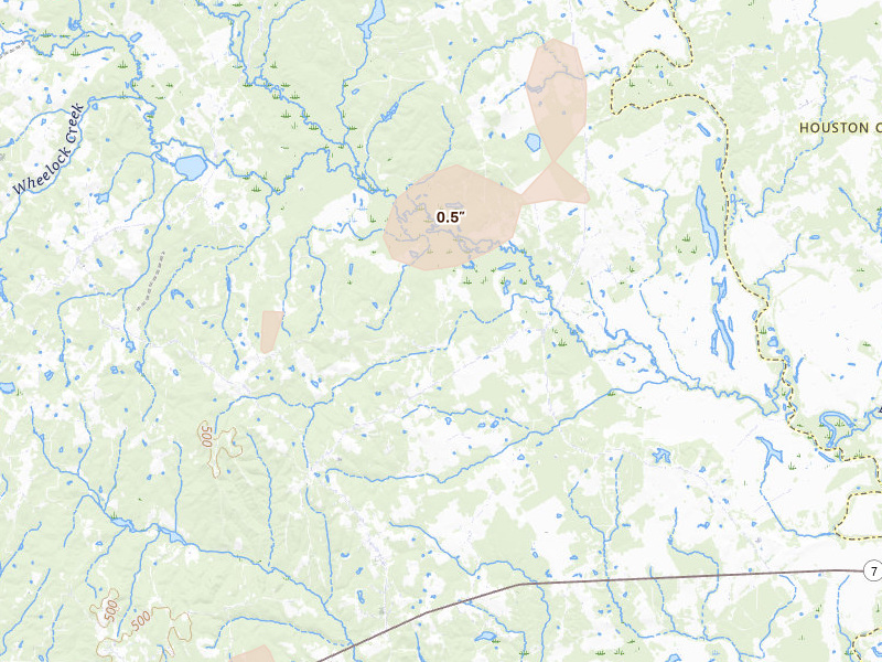Radar-estimated hail-size map of the storm over Oakwood, TX on Aug 8, 2026