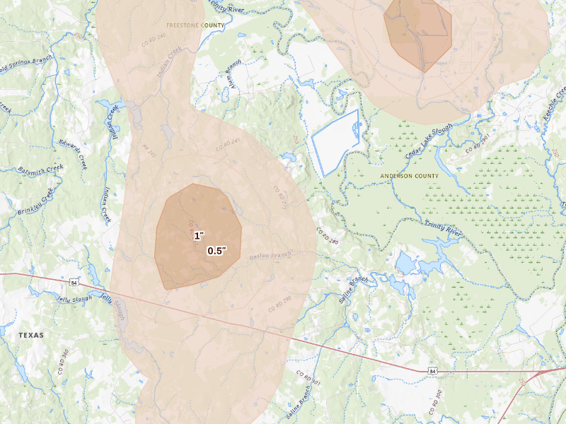 Radar-estimated hail-size map of the storm over Oakwood, TX