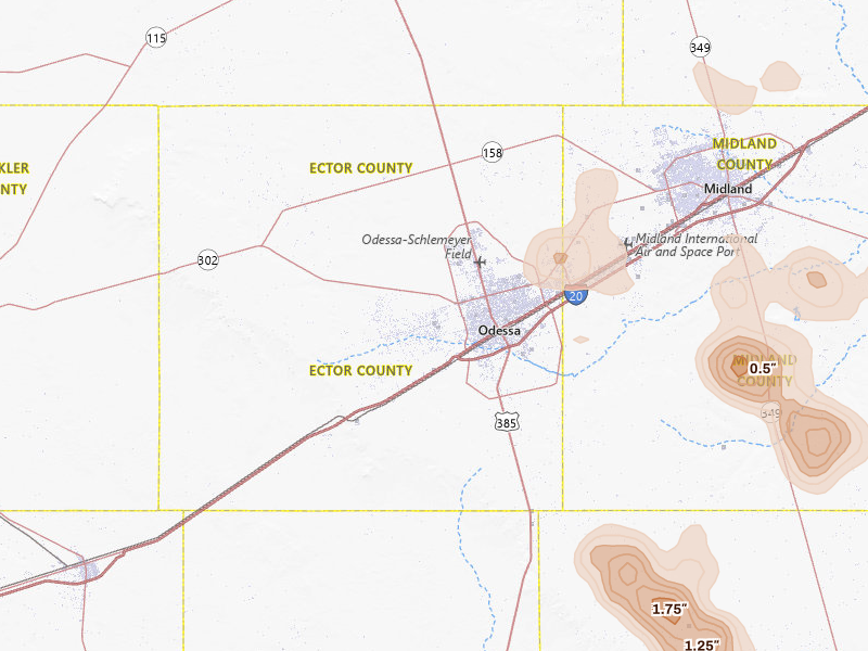 Radar-estimated hail-size map of the storm over Odessa, TX on May 23, 2026
