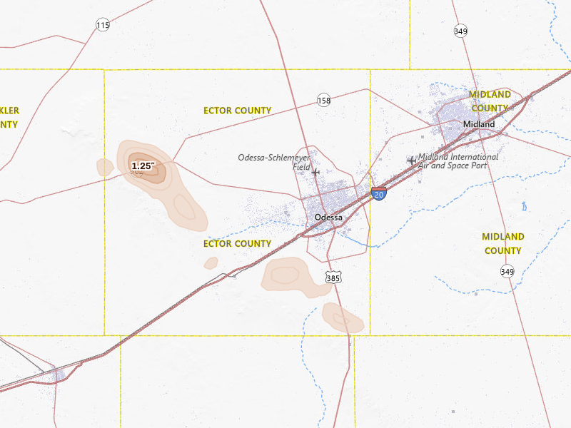 Radar-estimated hail-size map of the storm over Odessa, TX on Jun 14, 2026