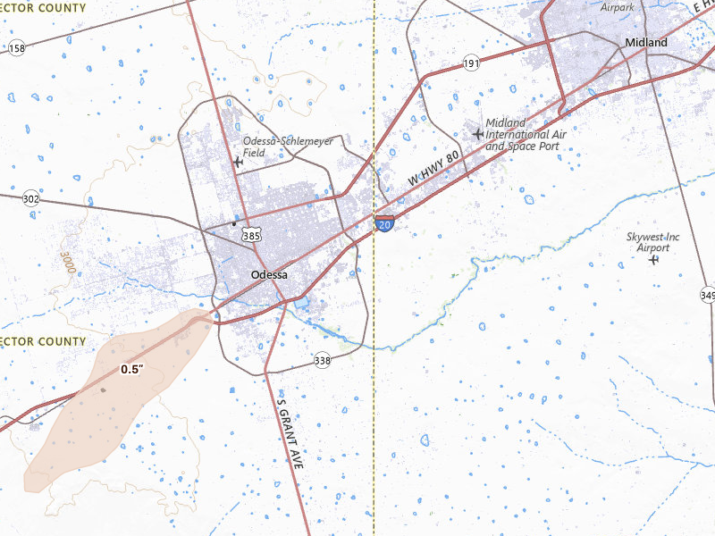 Radar-estimated hail-size map of the storm over Odessa, TX on Jun 18, 2026