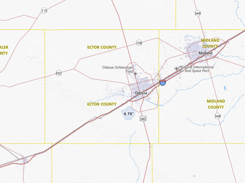 NEXRAD radar-signature map of the hail storm over Odessa, TX on Jul 3, 2026