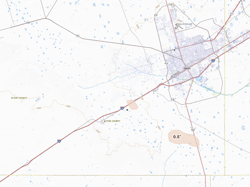 Radar-estimated hail-size map of the storm over Odessa, TX on Sep 22, 2026