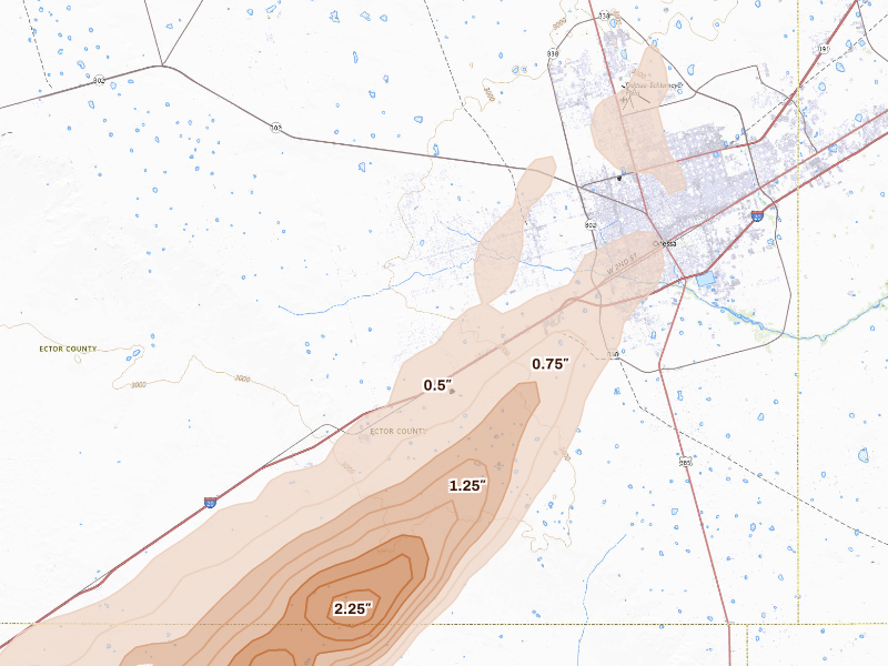 Radar-estimated hail-size map of the storm over Odessa, TX