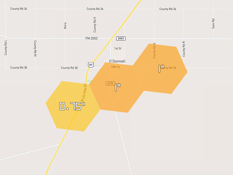 Hail map of Odonnell, TX on Jun 28, 2026, hail up to 1"