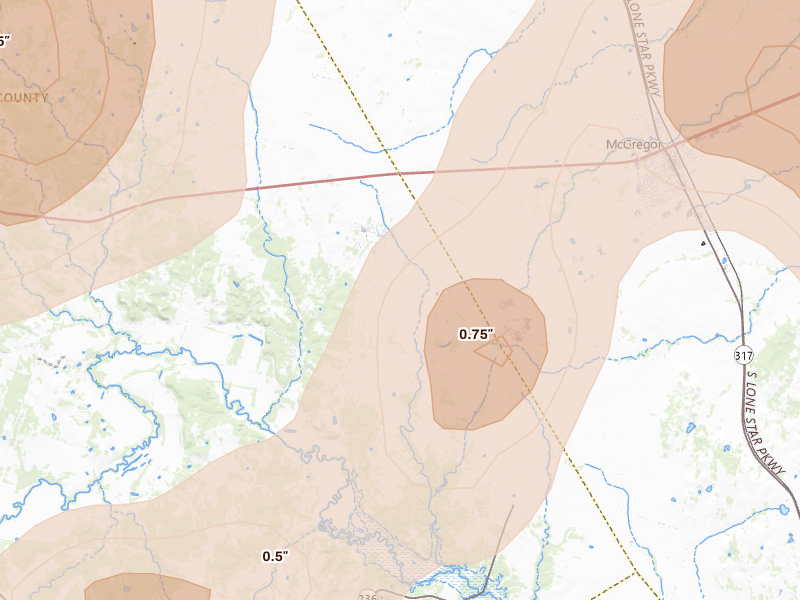 Radar-estimated hail-size map of the storm over Oglesby, TX on May 10, 2026