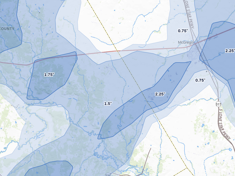 NEXRAD radar-signature map of the hail storm over Oglesby, TX on May 10, 2026