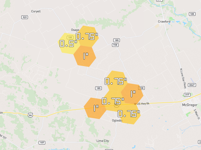 Hail map of Oglesby, TX on Jun 2, 2026, hail up to 1"