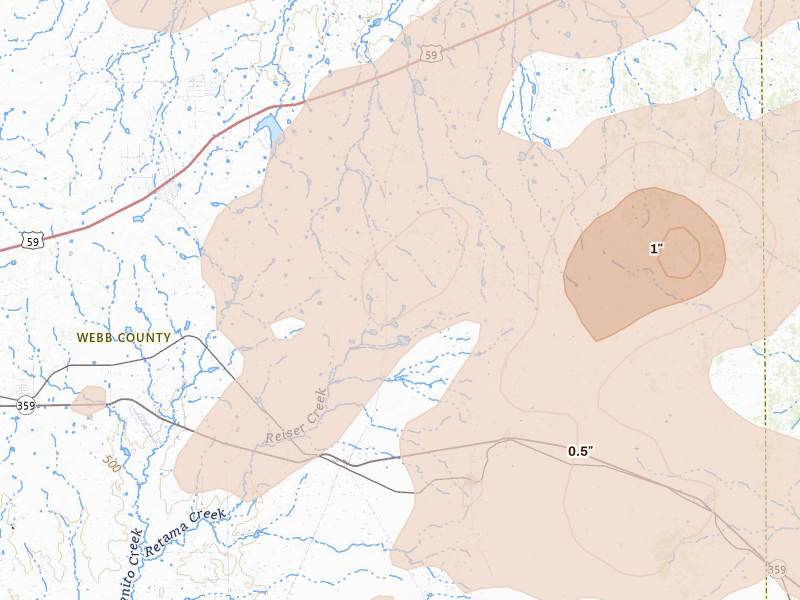 Radar-estimated hail-size map of the storm over Oilton, TX on May 18, 2026