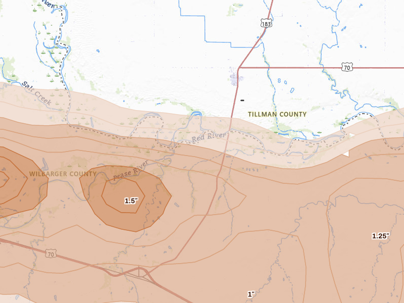 Radar-estimated hail-size map of the storm over Oklaunion, TX on Apr 1, 2026