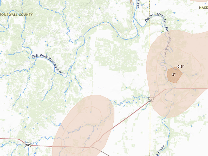 Radar-estimated hail-size map of the storm over Old Glory, TX on Jul 5, 2026