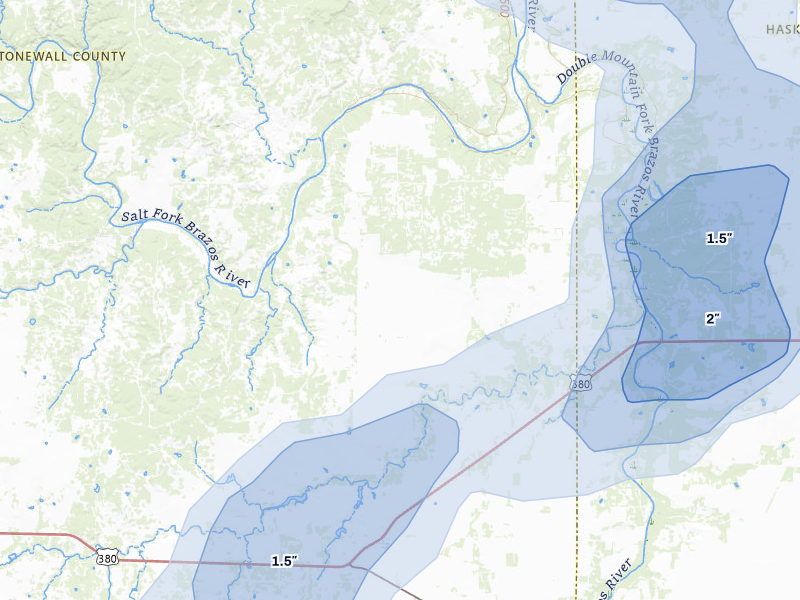 NEXRAD radar-signature map of the hail storm over Old Glory, TX on Jul 5, 2026