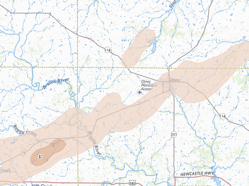 Radar-estimated hail-size map of the storm over Olney, TX on Mar 6, 2026
