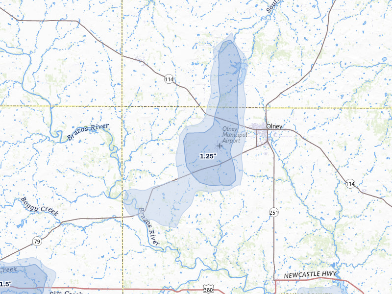 NEXRAD radar-signature map of the hail over Olney, TX