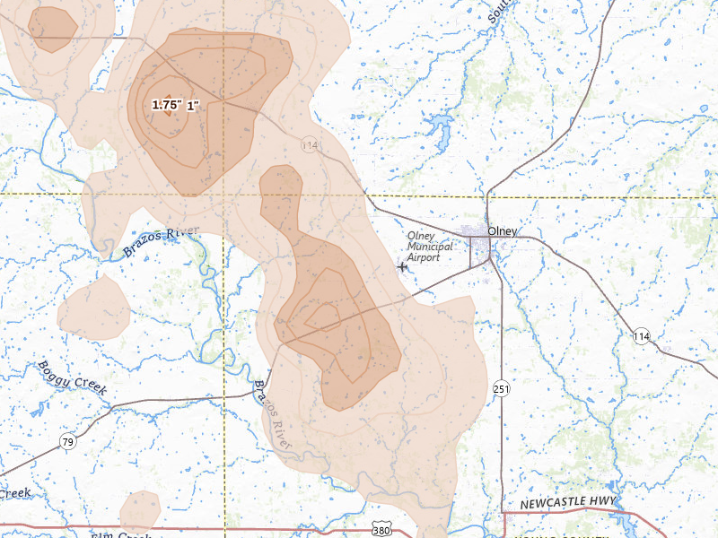Radar-estimated hail-size map of the storm over Olney, TX on May 8, 2026