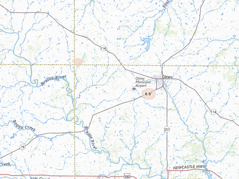 Radar-estimated hail-size map of the storm over Olney, TX on Jun 12, 2026